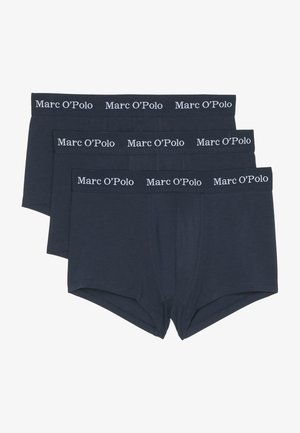 Three pairs of dark navy boxer briefs with a soft texture and elasticated waistband featuring the brand name "Marc O’Polo" in white.