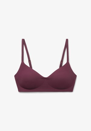 Kabelloser, gepolsterter BH in dunklem Mauve mit verstellbaren dünnen Trägern und glatten, nahtlosen Cups.
