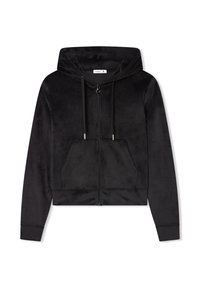 Felpa corta nera realizzata in tessuto morbido, con zip frontale, stringhe e due tasche frontali. Design semplice con polsini elasticizzati.