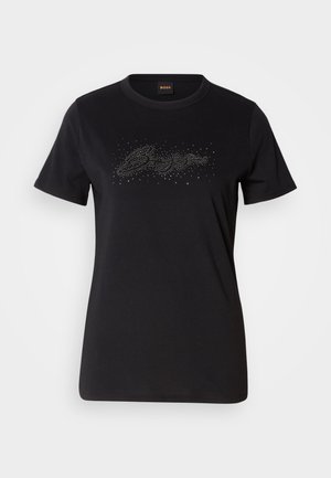 T-shirt in cotone nero con maniche corte, caratterizzato da un logo decorato con strass sul petto in una finitura testurizzata.