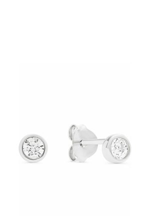 Silver stud earrings with clear round-cut gemstones in bezel settings, shown front and side view on a white background.