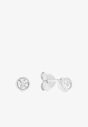Silver stud earrings with clear round-cut gemstones in bezel settings, shown front and side view on a white background.