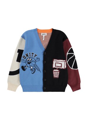 Pulover s gumbi v modri, črni, smetani in vinsko rdeči barvi, z risanim likom košarkarske žoge, obročem in besedo "ENOTNOST" na sprednji strani.