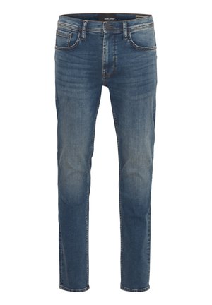 Blaue Denim-Jeans mit geradem Schnitt, ausgestattet mit fünf Taschen und subtiler Ausbleichung an den Knien. Enthält kontrastierende Nähte und einen markierten Bund.