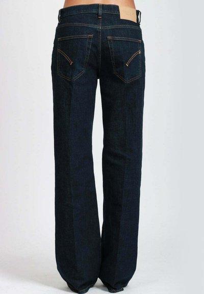 Jeans in denim blu scuro con vita alta, design a gamba dritta e cuciture arancioni. Presentano due tasche posteriori con cuciture curve.