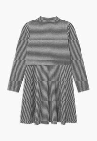 Šedé a černé pruhované šaty s dlouhými rukávy a vysokým výstřihem, s přiléhavým živůtkem a rozšířeným spodkem. Měkký materiál s hladkou strukturou.
