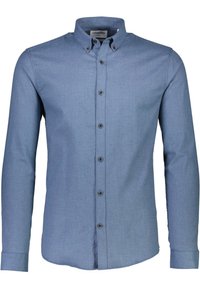 Camicia con bottoni in tessuto azzurro chiaro, con colletto, maniche lunghe e bottoni scuri lungo il davanti.