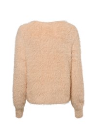 Fluffy, light peach pullover sweater with long sleeves, a wide neckline, and ribbed cuffs. Textured fabric with soft, fuzzy finish.