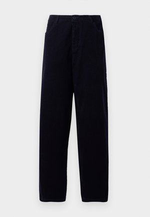 Donkerblauwe corduroy broek met een recht model, voorzien van voorzakken en een knoopsluiting bij de taille.