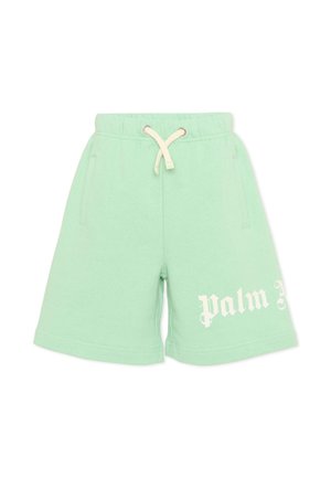 Pantaloncini casual verde menta con vita elastica, coulisse bianca, tasche laterali e scritta bianca "palm" stampata sulla gamba sinistra.