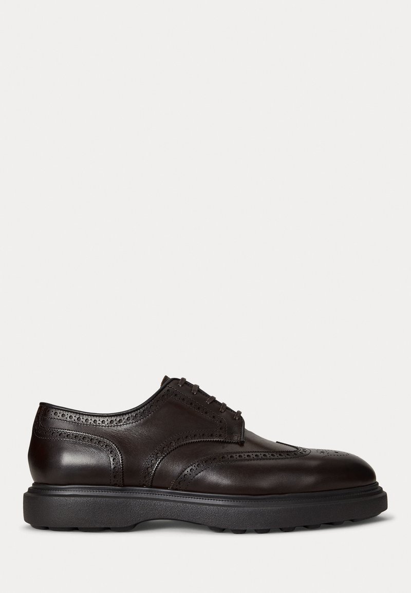 Dark brown leather brogue shoes with a rounded toe, perforated detailing, and a sturdy black rubber sole. Classic lace-up design.