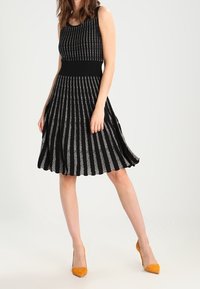 Černé a stříbrné pruhované bezrukávové šaty s přiléhavým korzetem a rozšířenou plisovanou sukní, se černým pasem a texturovaným vzorem.