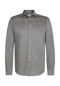 Grijze longsleeve shirt met een knoopsluiting aan de voorkant, spreidkraag, rechte zoom en een gladde textuur. Voorzien van vijf witte knopen voor sluiting.