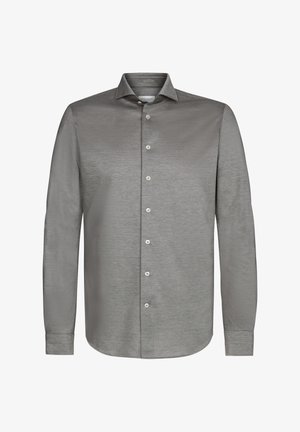 Szara koszula z długim rękawem, z zapinaniem na guziki, kołnierzem rozłożonym, prostym dołem i gładką fakturą. Posiada pięć białych guzików do zapięcia.