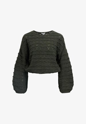 Pull court vert foncé avec des motifs de vagues texturés, manches longues et col rond. Fabriqué en tissu tricoté doux.