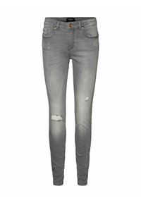 Šedé džíny skinny s roztrhanými detaily, pěti kapsami a předním zapínáním na knoflík. Lehce ošuntělá textura po celém povrchu.