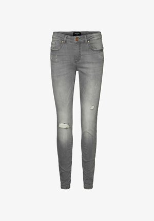 Harmaa farkku skinny jeansit, joissa on repeytyneet yksityiskohdat, viisi taskua ja etunappisuljenta. Kevyesti kulutettu pinta kauttaaltaan.