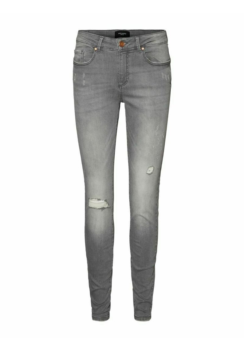 Šedé džíny skinny s roztrhanými detaily, pěti kapsami a předním zapínáním na knoflík. Lehce ošuntělá textura po celém povrchu.
