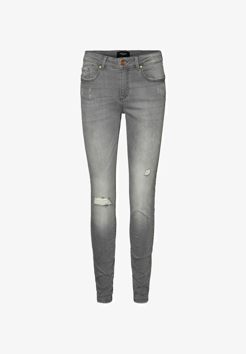Šedé džíny skinny s roztrhanými detaily, pěti kapsami a předním zapínáním na knoflík. Lehce ošuntělá textura po celém povrchu.