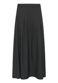 Jupe longue gris foncé en A avec une taille ajustée et des plis subtils s'étendant de la taille à l'ourlet.