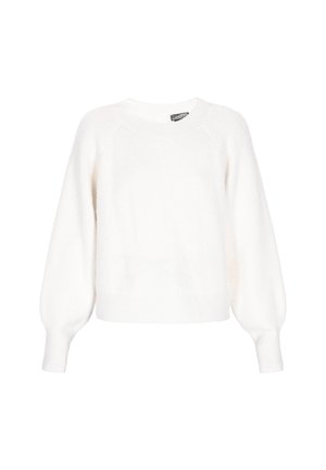 Weißer gestrickter Pullover mit langen puffartigen Ärmeln und gerippten Bündchen, mit rundem Halsausschnitt und leicht verkürztem Schnitt.