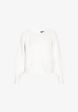 Valge kudumitega sviiter pika puhvli varrukaga ja soonikuga mansettidega, ümmarguse kaelusega ja kergelt lühendatud lõikega.