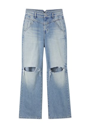 Lichtblauwe versleten denim jeans met wijde benen, voorzien van twee grote gescheurde gaten op de knieën en een normale taille met knoopsluiting.