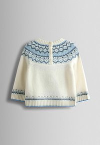Weißer Strickpullover mit blauen geometrischen Mustern, runder Ausschnitt und fünf-knöpfiger Verschluss hinten. Gerippte Bündchen und Saum.