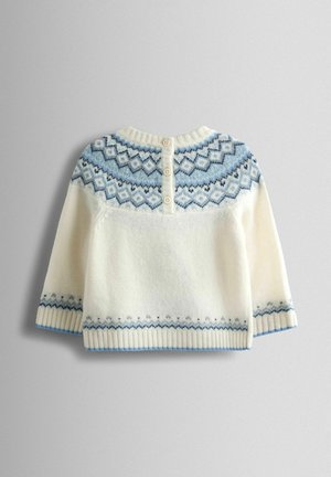 Weißer Strickpullover mit blauen geometrischen Mustern, runder Ausschnitt und fünf-knöpfiger Verschluss hinten. Gerippte Bündchen und Saum.