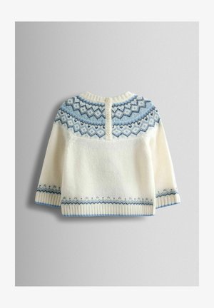 Balta adīta džemperis ar ziliem ģeometriskiem rakstiem, apaļš kakls un piecu pogu aizdare aizmugurē. Ribotas piedurknes un apakšmalā.