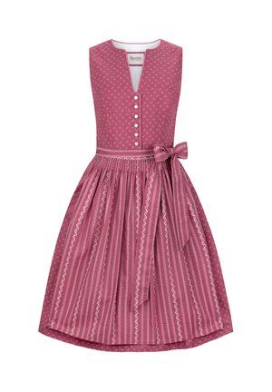 Rosa Blumenkleid mit tiefem V-Ausschnitt, Knopfleiste und Taillengürtel. Mit plissiertem Rock, der kontrastierende Streifenmuster und dekorative Verzierungen aufweist.