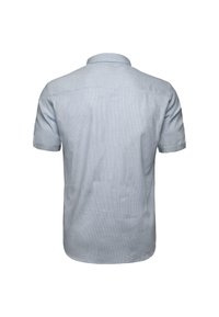 Lichtblauw kortermig shirt met een kraag. Heeft een effen textuur en een ontspannen pasvorm. De achterkant toont schone lijnen en geen patronen.