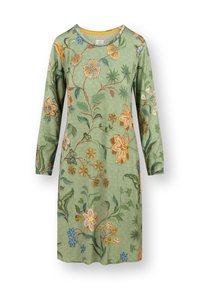 Groene jurk met lange mouwen tot op de knie, met ribbeltextuur en een veelkleurige bloemenprint in gele, blauwe en oranje tinten.