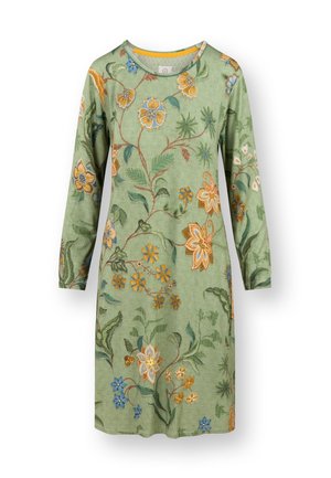 Green long-sleeve knee-length dress with ribbed texture and multicolored floral print in yellow, blue, and orange tones.
