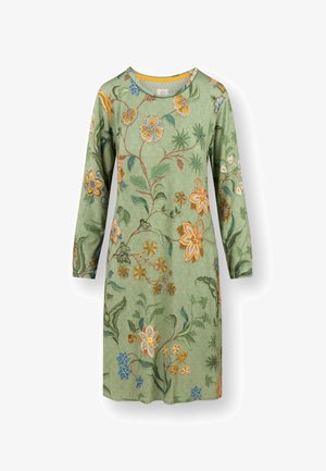 Groene jurk met lange mouwen tot op de knie, met ribbeltextuur en een veelkleurige bloemenprint in gele, blauwe en oranje tinten.