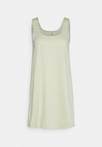 Vestido sem mangas em verde claro com padrão xadrez, apresentando um decote quadrado e textura suave.