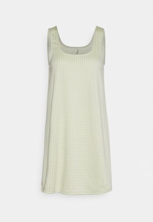 Vestido sem mangas em verde claro com padrão xadrez, apresentando um decote quadrado e textura suave.