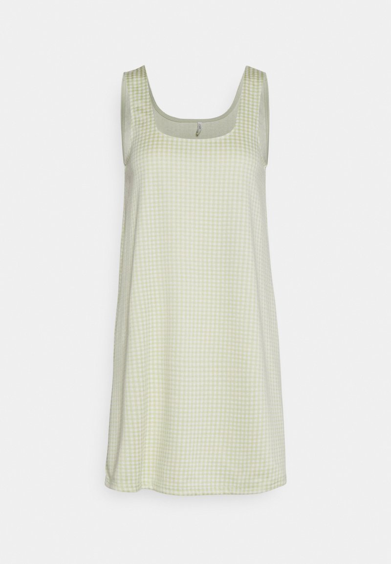 Vestido sem mangas em verde claro com padrão xadrez, apresentando um decote quadrado e textura suave.
