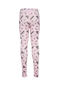 Różowe legginsy z powtarzającym się wzorem czarnych logo i wzorów, wykonane z elastycznego materiału dla wygody i swobody ruchów.