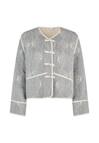 Blaue Jacke mit Muster und weißen Akzenten, Rundhalsausschnitt, Hakenverschlüsse und langen Ärmeln. Aus gewebtem Stoff mit filigranen Details gefertigt.