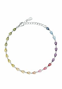 Bracciale in argento con gemme a forma di pera di diversi colori disposte in un gradiente che va dal verde al viola, dotato di chiusura a moschettone.