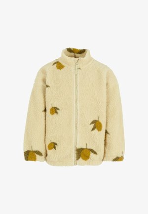 Giacca di pile color crema con colletto alto, zip completa e design di limoni in giallo e verde. Finitura morbida e testurizzata.