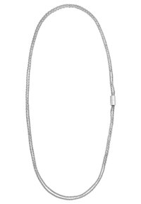 Sølv metalhalskæde med et snoet design, en glat overflade og en cylindrisk lås i midten, hvilket skaber en løbende form.