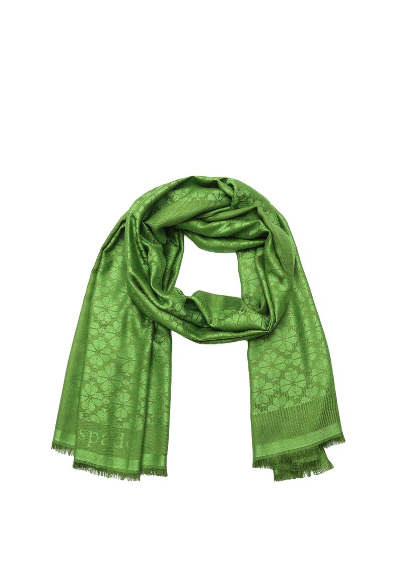 Green silk scarf with floral pattern, soft texture, and frayed edges, wrapped elegantly in a loop shape.