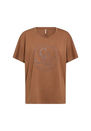 T-shirt marron à manches courtes avec col rond et un graphisme circulaire au centre indiquant "Soul" en grandes lettres.