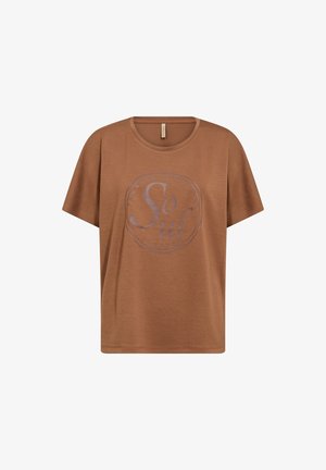T-shirt marron à manches courtes avec col rond et un graphisme circulaire au centre indiquant "Soul" en grandes lettres.