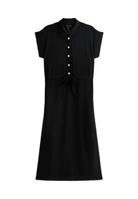 Vestido negro con cuello tipo solapa, mangas cortas y cierre frontal de botones. Cintura con cordón y textura suave. Diseño simple y funcional.