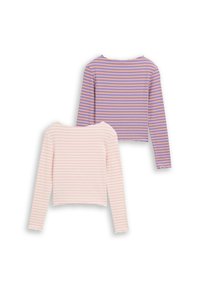 Dwa długie rękawy: jeden różowy w białe paski, drugi fioletowy z pomarańczowymi paskami. Oba mają krótki krój i falowane brzegi.