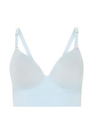 Lichtblauwe naadloze bh met verstelbare bandjes en een brede elastische band onder de cups voor ondersteuning en comfort.
