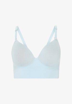 Hellblauer nahtloser BH mit verstellbaren Trägern und einem breiten elastischen Bündchen unter den Körbchen für Halt und Komfort.